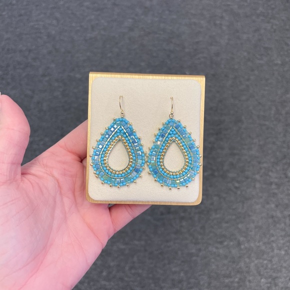 Blue and Gold Beaded Teardrop Earrings - Picture 2 of 4